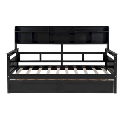 Twin Daybed with Storage Drawers & Shelves, Solid Wood Frame