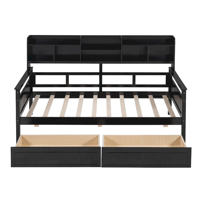 Twin Daybed with Storage Drawers & Shelves, Solid Wood Frame