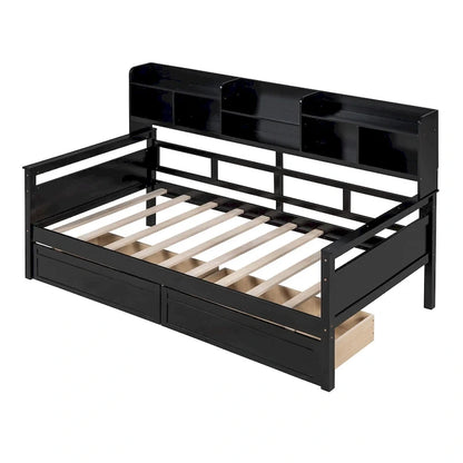 Twin Daybed with Storage Drawers & Shelves, Solid Wood Frame