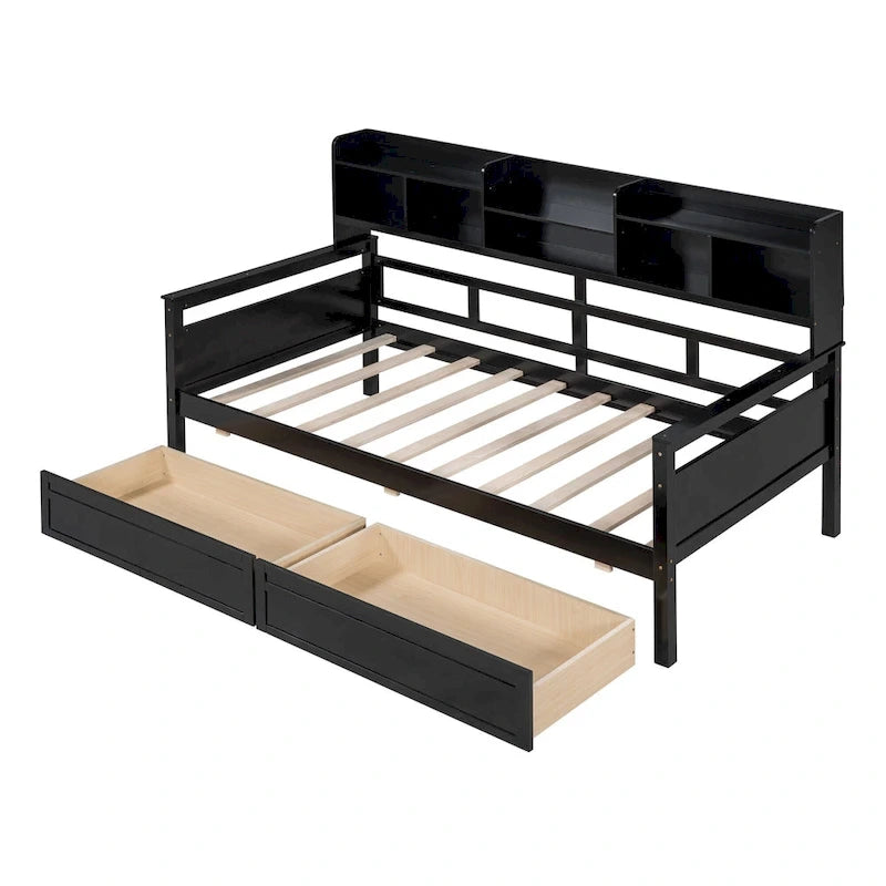 Twin Daybed with Storage Drawers & Shelves, Solid Wood Frame