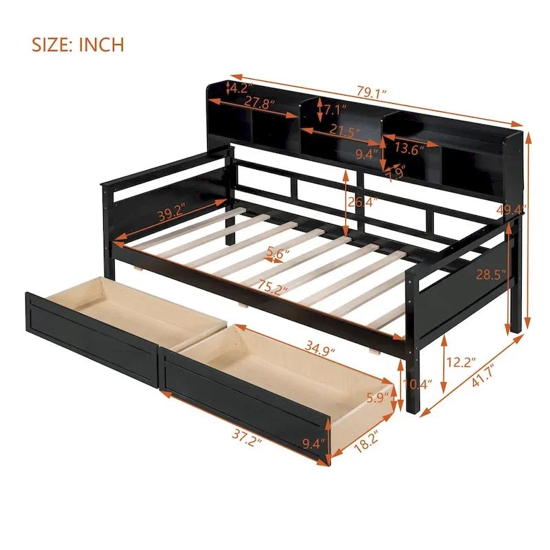 Twin Daybed with Storage Drawers & Shelves, Solid Wood Frame