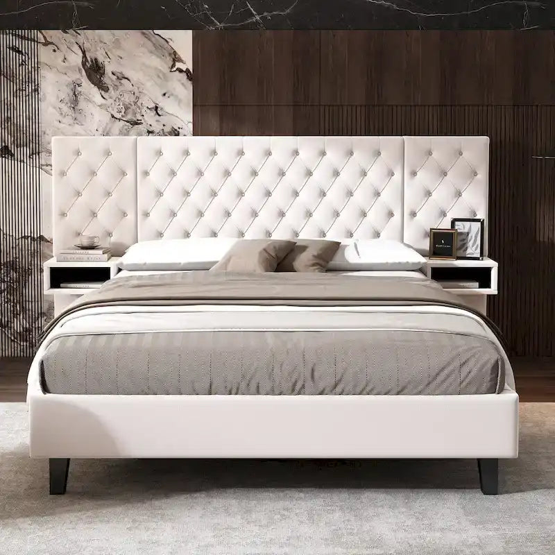 Velvet Upholstered Bed Frame Queen Size Button Tufted Bed