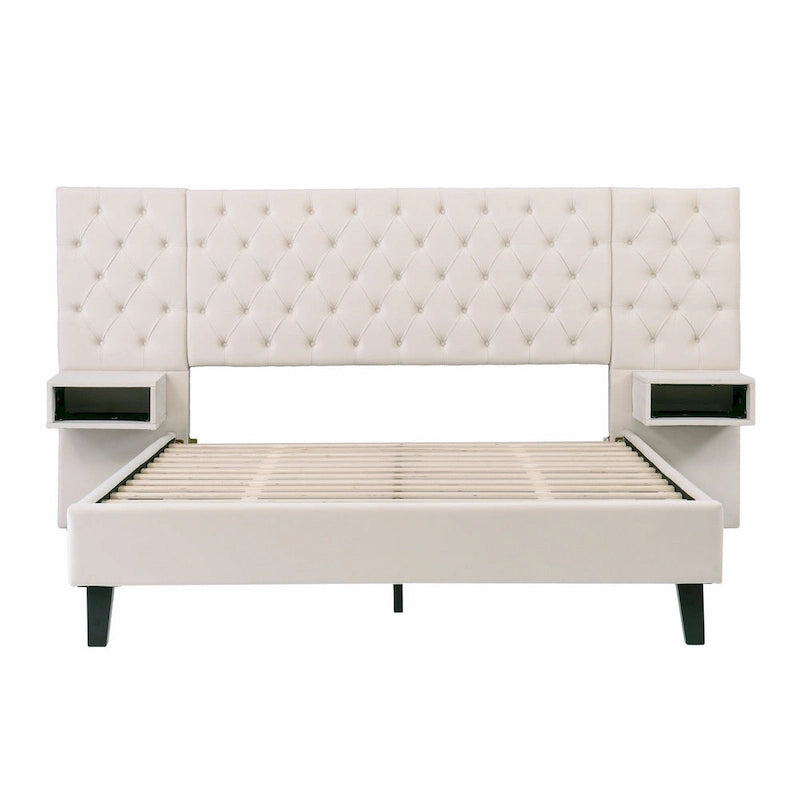 Velvet Upholstered Bed Frame Queen Size Button Tufted Bed