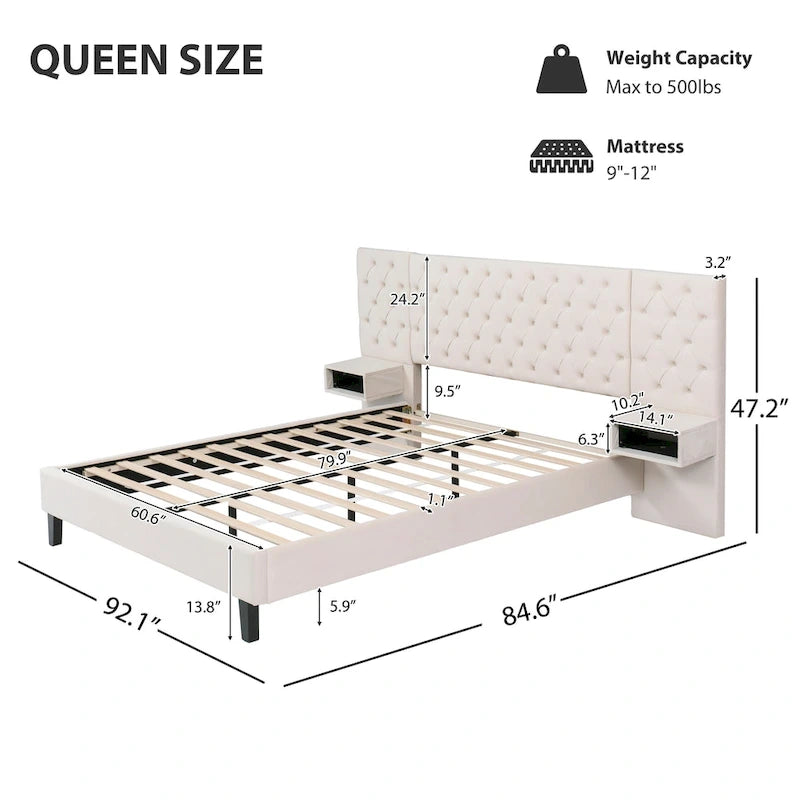 Velvet Upholstered Bed Frame Queen Size Button Tufted Bed