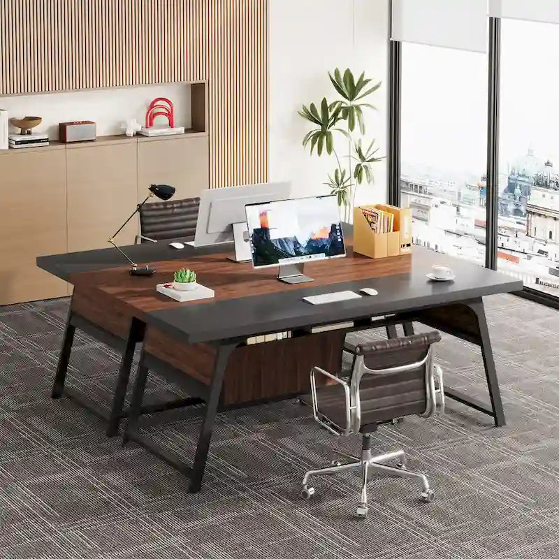 63-Inch Executive Office Desk with Storage Shelf and LED Light, Walnut & Black