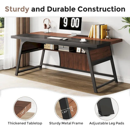 63-Inch Executive Office Desk with Storage Shelf and LED Light, Walnut & Black