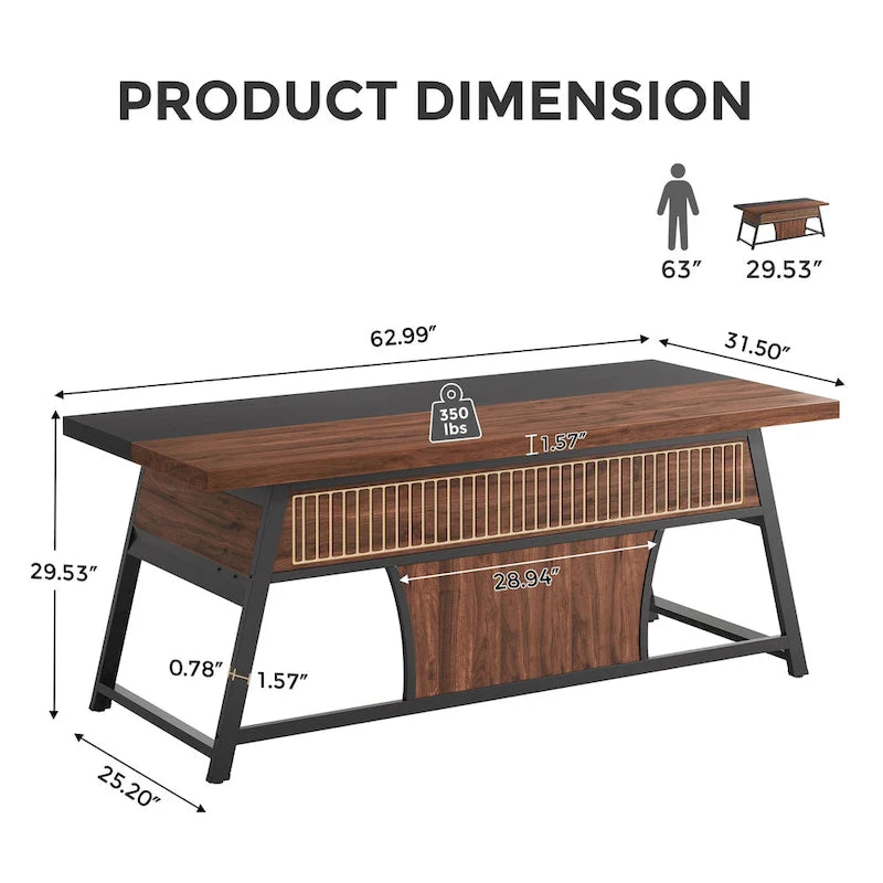 63-Inch Executive Office Desk with Storage Shelf and LED Light, Walnut & Black