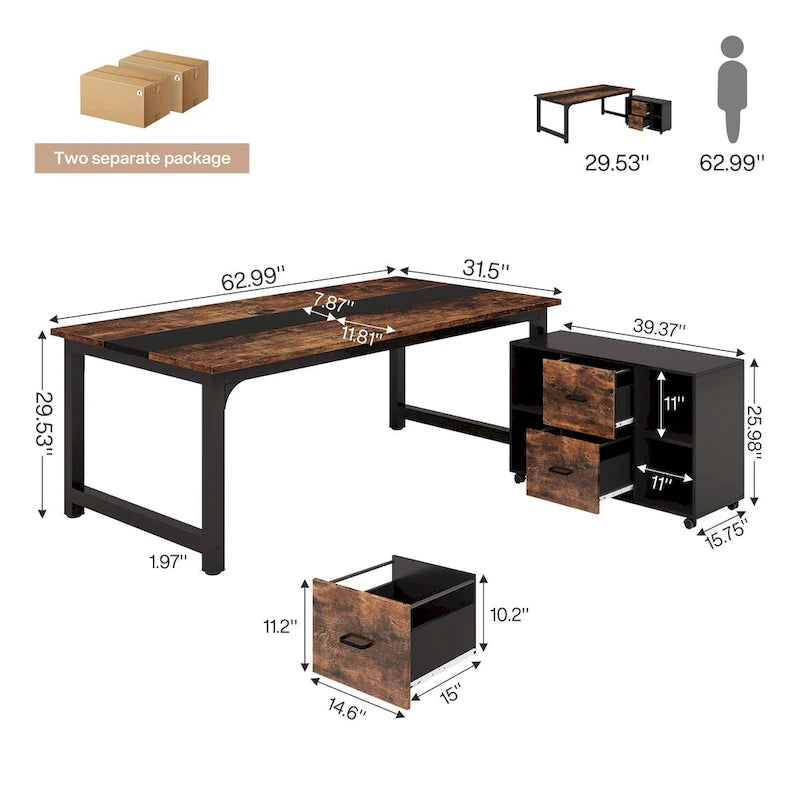 63 Executive Desk with 40 Lateral File Drawer Cabinet Set for Home Office