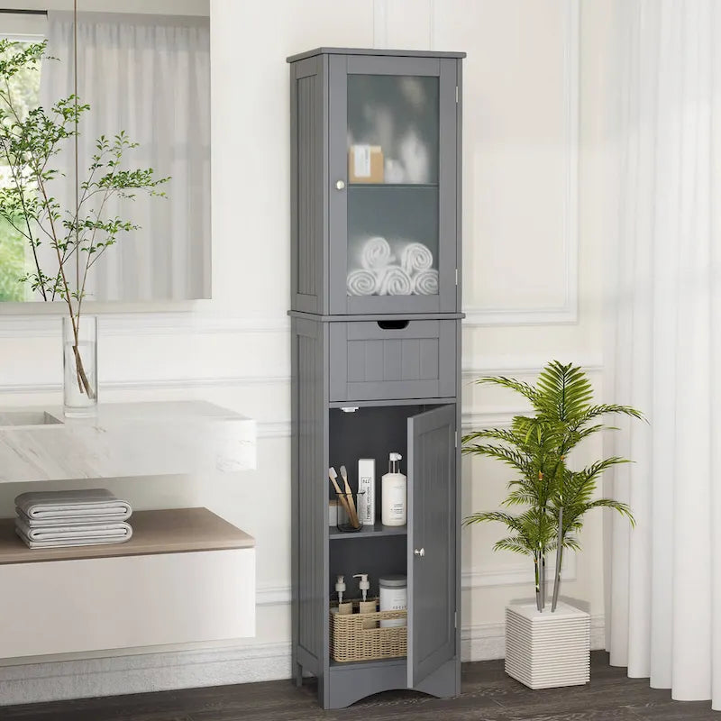 Costway Bathroom Tall Cabinet Freestanding Linen Tower with Doors & - See Details