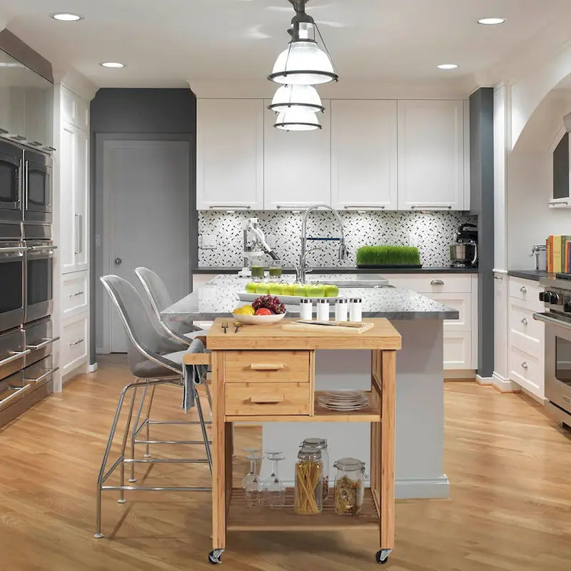 Costway Bamboo Kitchen Trolley Cart Wood Rolling Island w/ Tower Rack