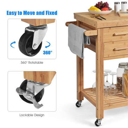 Costway Bamboo Kitchen Trolley Cart Wood Rolling Island w/ Tower Rack