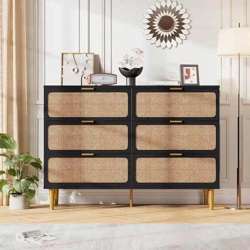 6 Drawer Dresser for Bedroom, Rattan Chest of Drawers
