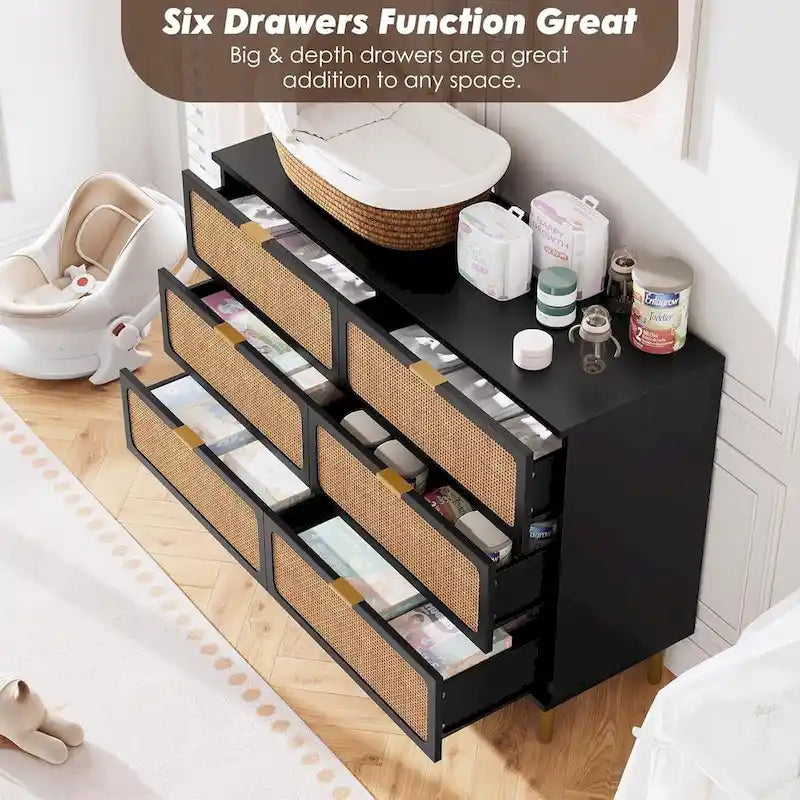 6 Drawer Dresser for Bedroom, Rattan Chest of Drawers