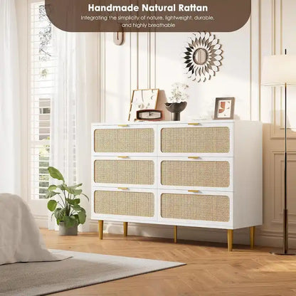 6 Drawer Dresser for Bedroom, Rattan Chest of Drawers