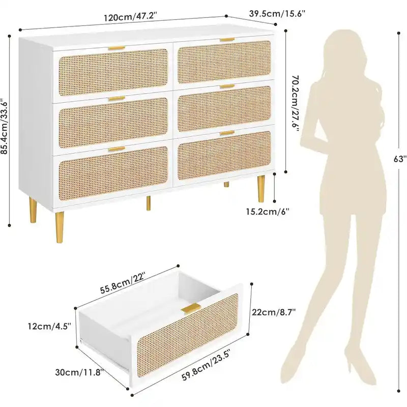 6 Drawer Dresser for Bedroom, Rattan Chest of Drawers