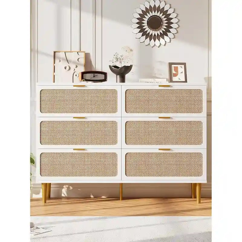 6 Drawer Dresser for Bedroom, Rattan Chest of Drawers