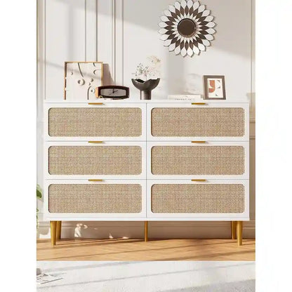 6 Drawer Dresser for Bedroom, Rattan Chest of Drawers