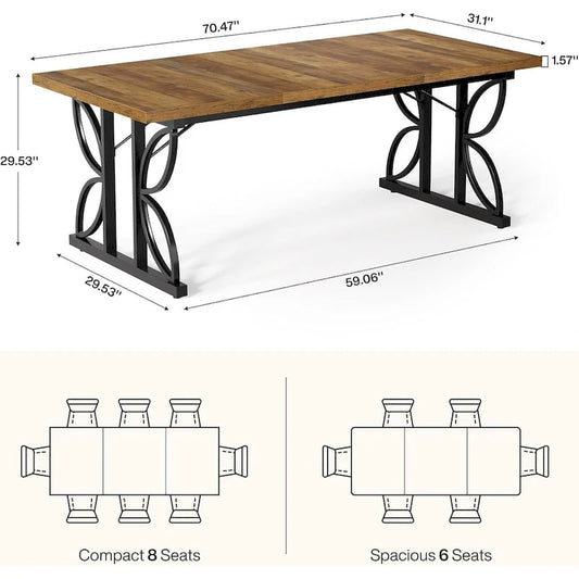 71 Dining Table for 6, Farmhouse Kitchen Dinner Table with Metal Frame