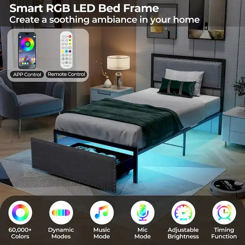 Gymax Twin Size Bed Frame w/ Storage Drawer Metal Platform Bed w/ LED