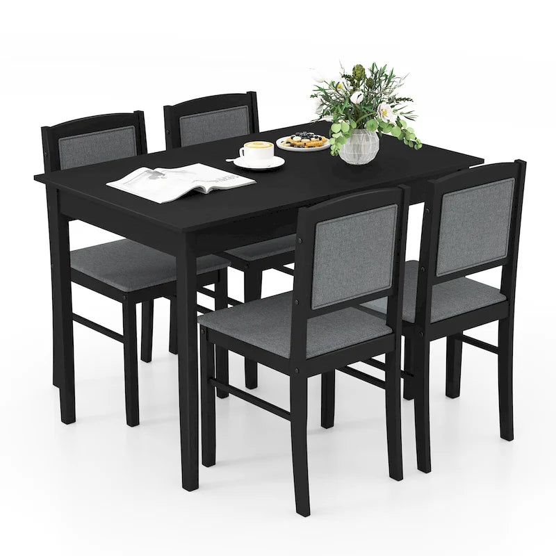 Gymax 5 PCS Dining Table Set for 4 w/Rubber Wood Legs Upholstered Seat