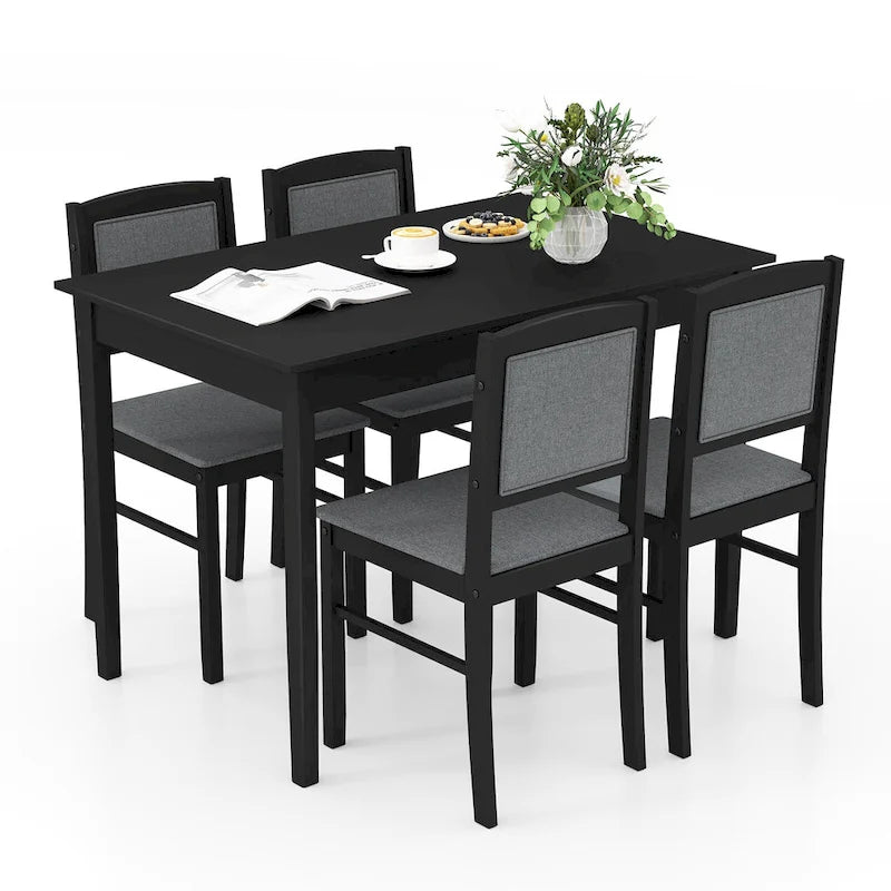 Gymax 5 PCS Dining Table Set for 4 w/Rubber Wood Legs Upholstered Seat