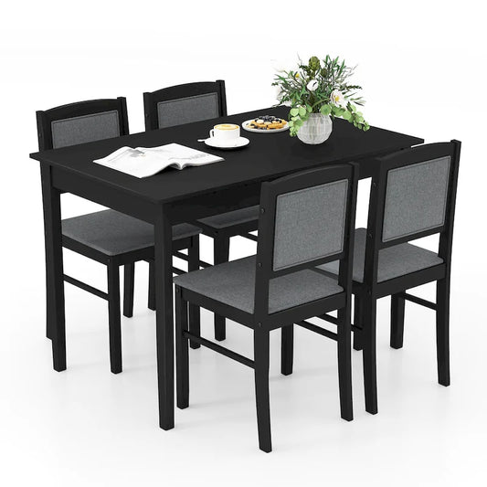 Gymax 5 PCS Dining Table Set for 4 w/Rubber Wood Legs Upholstered Seat