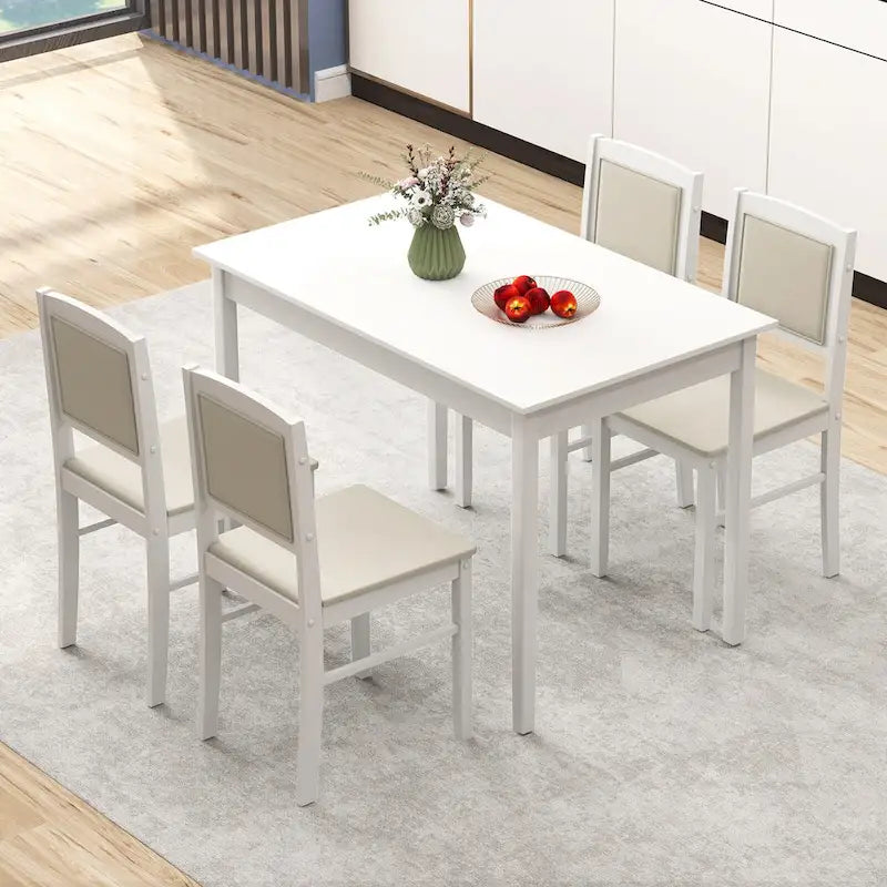 Gymax 5 PCS Dining Table Set for 4 w/Rubber Wood Legs Upholstered Seat