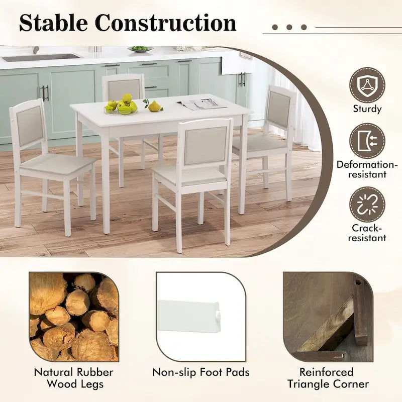 Gymax 5 PCS Dining Table Set for 4 w/Rubber Wood Legs Upholstered Seat