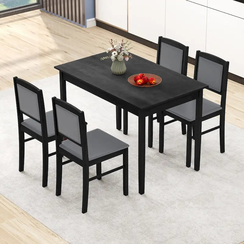 Gymax 5 PCS Dining Table Set for 4 w/Rubber Wood Legs Upholstered Seat