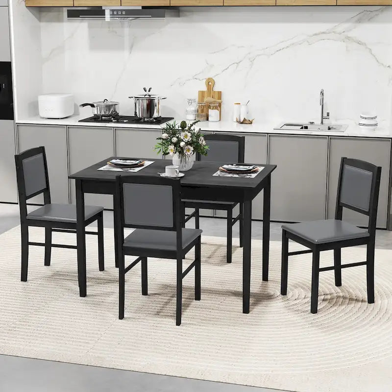 Gymax 5 PCS Dining Table Set for 4 w/Rubber Wood Legs Upholstered Seat