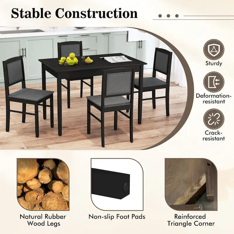 Gymax 5 PCS Dining Table Set for 4 w/Rubber Wood Legs Upholstered Seat
