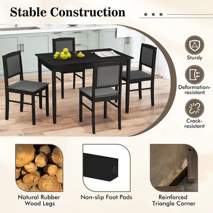 Gymax 5 PCS Dining Table Set for 4 w/Rubber Wood Legs Upholstered Seat