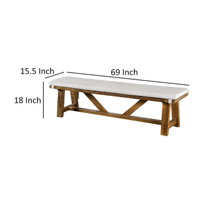 Jule Dining Bench, Trestle Base, 69 Inch, Brown Wood with Off White Seat