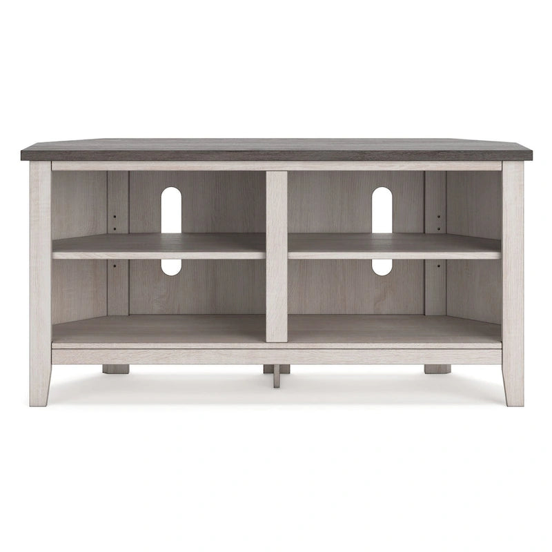 Elia Corner TV Media Console, 4 Shelves, Gray, Rustic White, 48 Inch