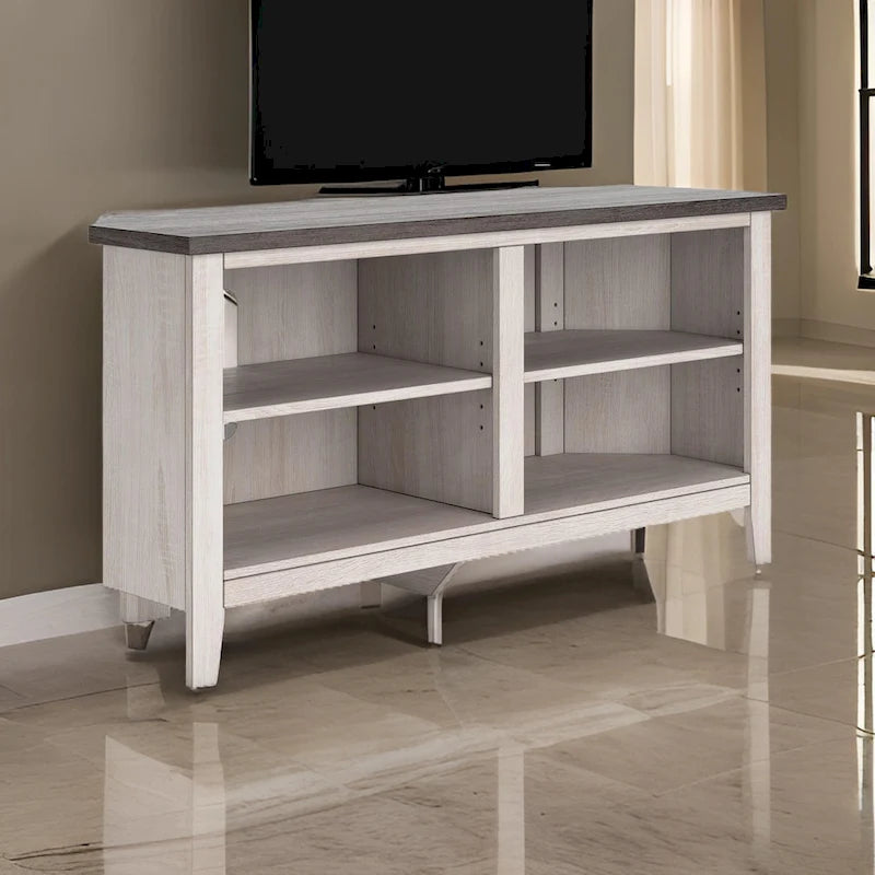 Elia Corner TV Media Console, 4 Shelves, Gray, Rustic White, 48 Inch