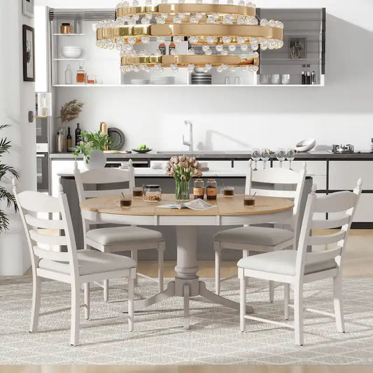 5 Piece Round Dining Table Set, Solid Wood Kitchen Table and Chair Set with Extendable Table and 4 Upholstered Chairs