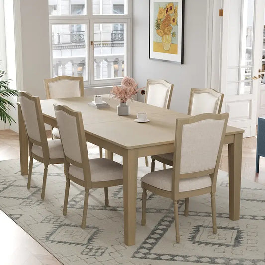 7 Pcs Dining Table Set, Solid Wood Table and Chairs Set with Extendable Dining Table, 2 Drawers and 6 Upholstered Chairs