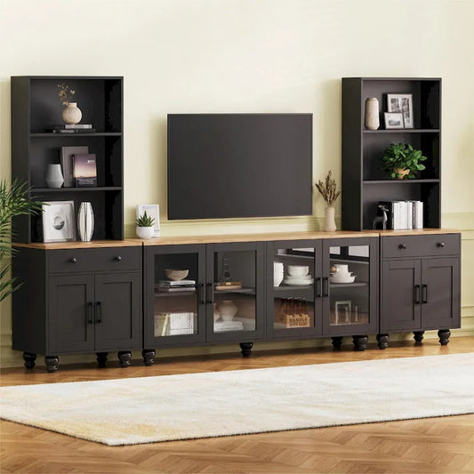TV Stand with Bookshelves & Tempered Glass Doors, Entertainment Center with Adjustable Shelves for TVs up to 70
