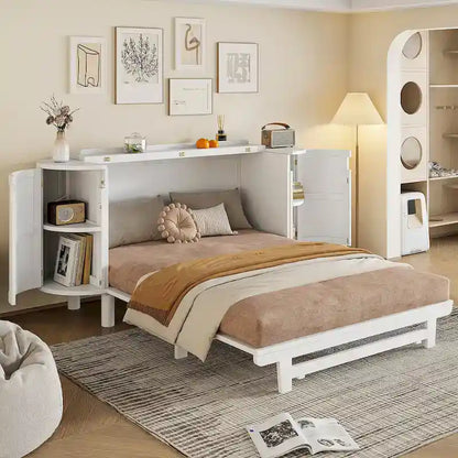 Folding Bed Convertible Sideboard with Hidden Storage, Modern Woven Murphy Bed Wood Hidden Wall Platform Bedframe Chest