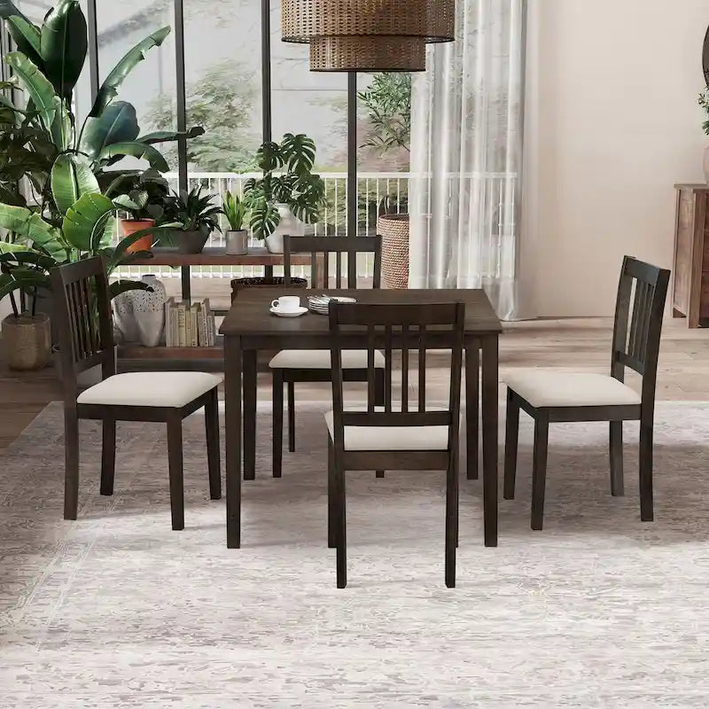 Kitchen Breakfast Nook Dining Table Chairs Set Square Wooden Dining Table Casual Dining Table with 4 Upholstered Dining Chairs
