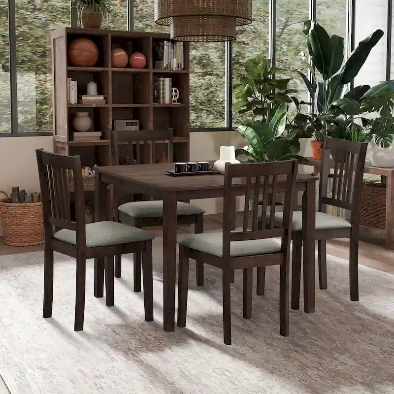 Kitchen Breakfast Nook Dining Table Chairs Set Square Wooden Dining Table Casual Dining Table with 4 Upholstered Dining Chairs