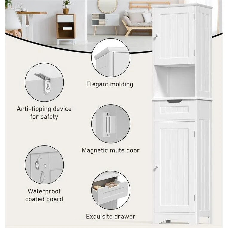 67 H Tall Bathroom Cabinet Narrow Linen Tower, Storage Cabinet with 2 Doors & Drawer