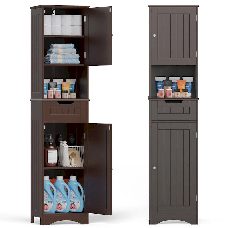67 H Tall Bathroom Cabinet Narrow Linen Tower, Storage Cabinet with 2 Doors & Drawer