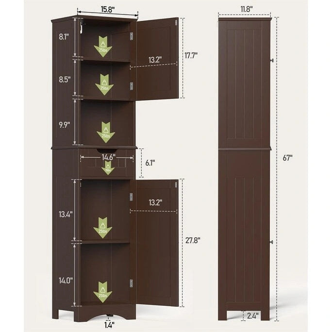 67 H Tall Bathroom Cabinet Narrow Linen Tower, Storage Cabinet with 2 Doors & Drawer