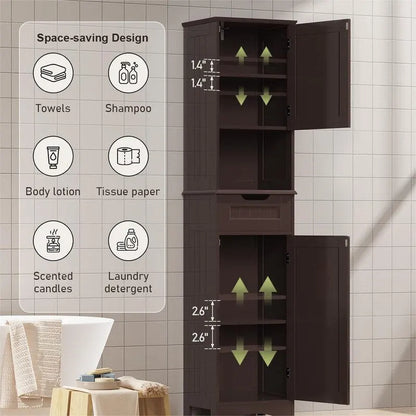67 H Tall Bathroom Cabinet Narrow Linen Tower, Storage Cabinet with 2 Doors & Drawer