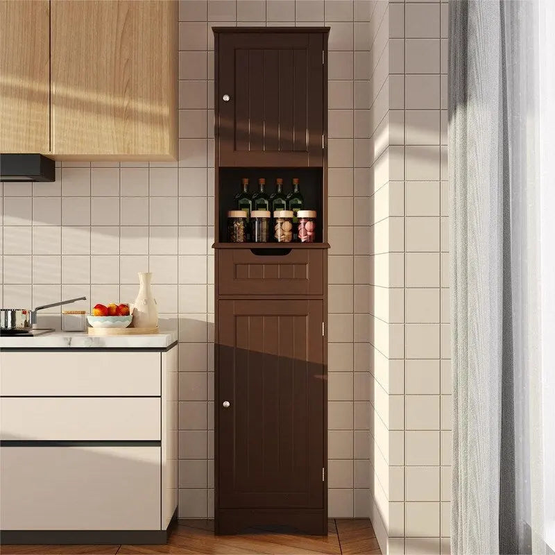 67 H Tall Bathroom Cabinet Narrow Linen Tower, Storage Cabinet with 2 Doors & Drawer