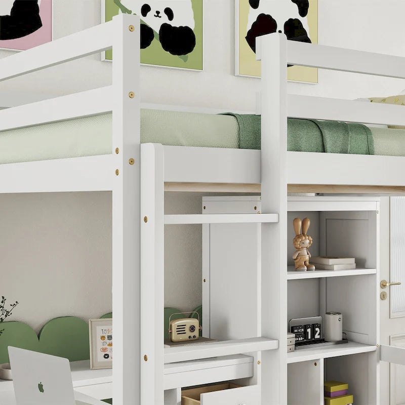 Full Size Wood Loft Bed with L Shaped Desk,Storage Shelves and Drawers