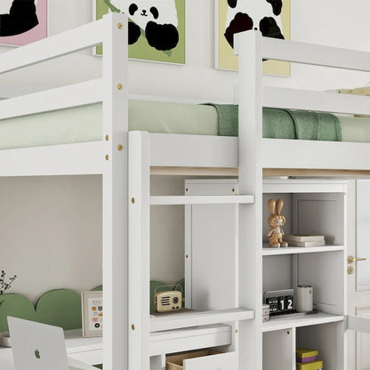 Full Size Wood Loft Bed with L Shaped Desk,Storage Shelves and Drawers
