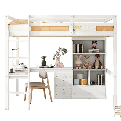 Full Size Wood Loft Bed with L Shaped Desk,Storage Shelves and Drawers
