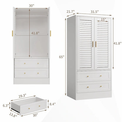 Wardrobe Armoire Closet with 2 Shutter Doors, White Wardrobe with Hanging Rods and 2 Drawers, Modern Bedroom Armoire
